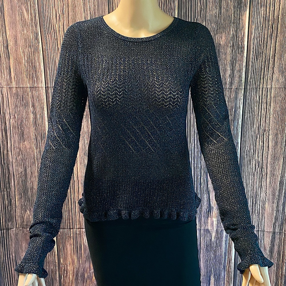 American Eagle Outfitters XS stretch navy blue silver sparkles ruffle sweater